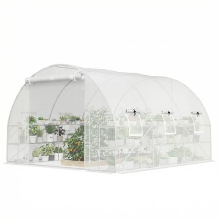 Walk-In Tunnel Greenhouse with Shelves & PE Cover, 10'x11'x6', White
