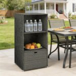 Valet Pool Towel Rack, Water-Resistant PE Plastic Rattan Wicker Storage Organizer, 2 Shelves, 1 Basket Drawer, Dark Gray - Image 8