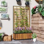 Wooden Raised Garden Bed with Trellis, Removable Pots for Backyard, Patio, Balcony, 29" x 11" x 52", Teak - Image 7