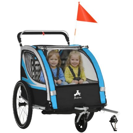 3-in-1 Bike Trailer for Kids, Running Stroller with 2 Seats, Jogging Cart with 5-Point Harness, Storage Units, Blue
