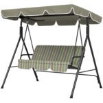 3-Seat Outdoor Patio Swing Chair w/ Cushion, Steel Frame Stand, Adjustable Tilt Canopy for Patio, Garden, Beige & Green