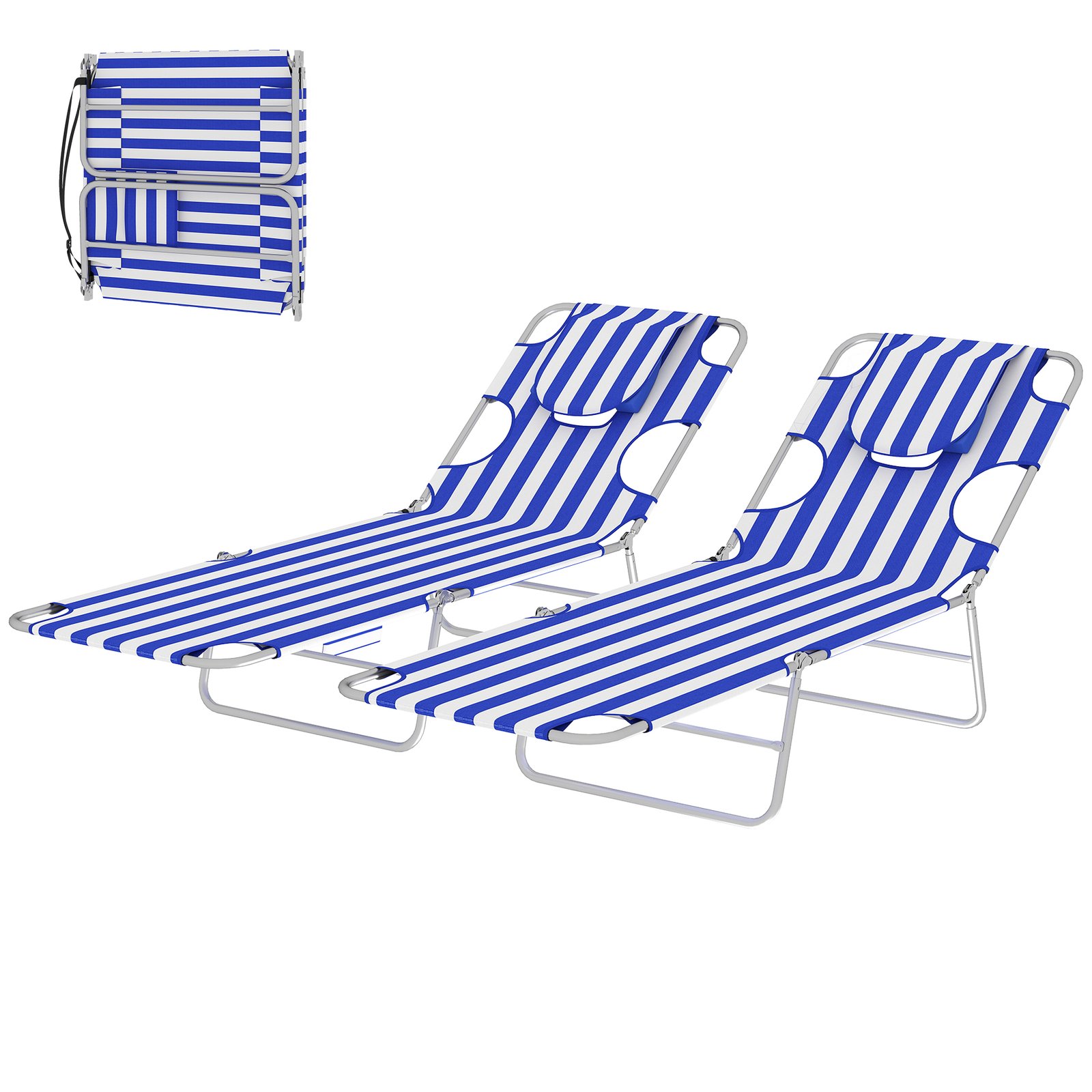 q8B7ed19d23484ed7.jpg 2 Tanning Chairs with Face Hole, 5-Level Adjustable Outdoor Chaise Lounge Chair with Pillow for Beach, Pool, Blue Stripe - Image 1