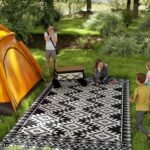 Reversible Outdoor Rug, Waterproof Plastic Straw with Carry Bag, 9' x 18', Black & White Rhombus Border - Image 2
