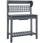39'' Wooden Garden Potting Bench Work Table with Hidden Storage, Sliding Tabletop, Below Clapboard, Upper Shelf, Gray