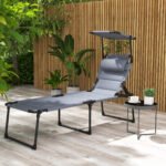 Outdoor Lounge Chair, 4 Position Adjustable Backrest, Folding, Cushioned w/ Sun Shade Roof & Pillow, Gray - Image 2