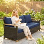 3 Seater Outdoor Couch Sofa, PE Wicker Patio Sofa, Wide Deep Seat, 4" Cushions, Wood-Effect Armrests Legs, Dark Blue - Image 2