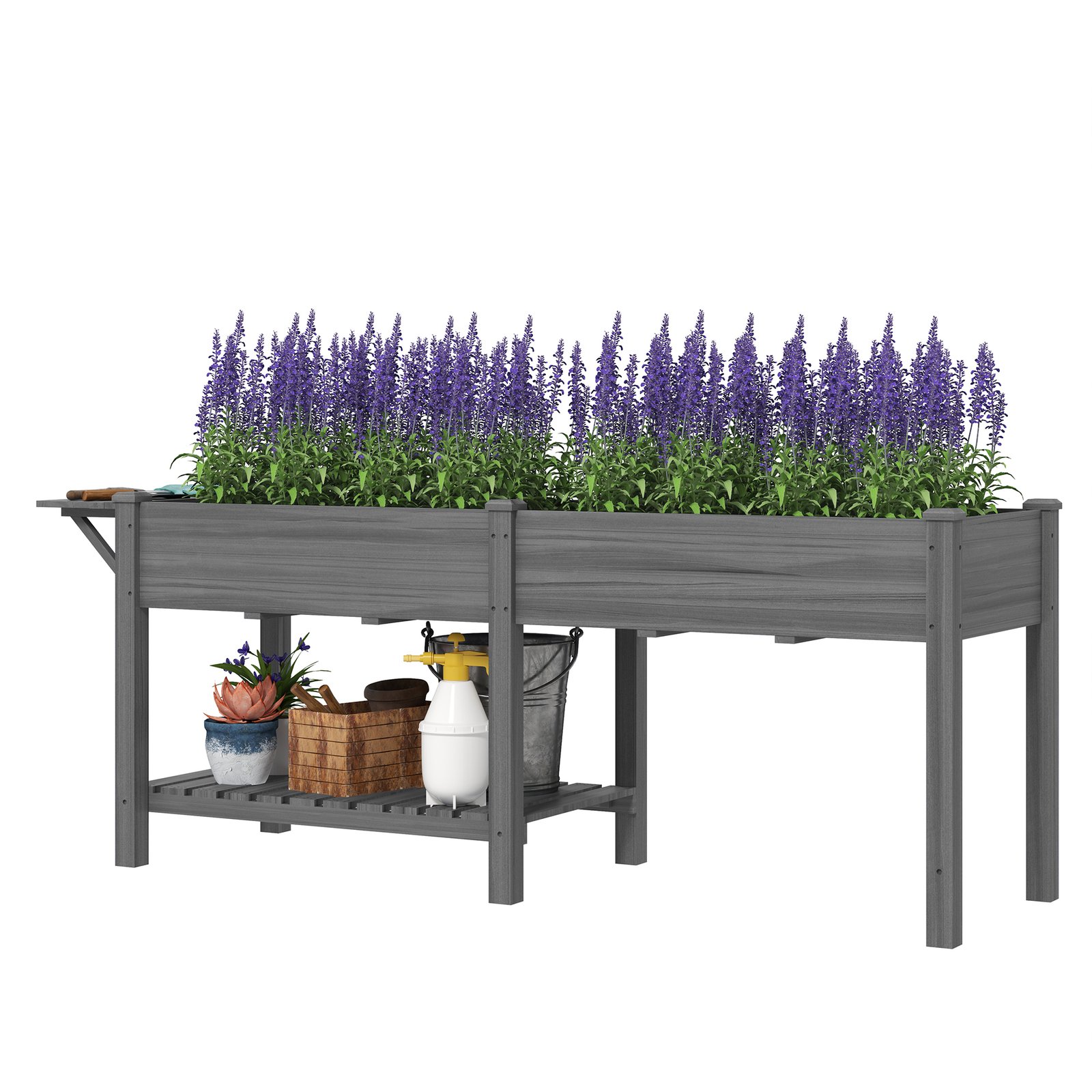 qRB69b1949467e186.jpg Wood Raised Garden Box, Elevated Garden Bed with Side Table, Bottom Shelf, Bed Liners and Drainage Holes, Gray - Image 1
