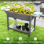 Wood Raised Planter Box, Elevated Garden Bed with Lockable Wheels, Side Tables, Bottom Shelf, Drain Holes, Gray - Image 8