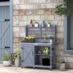 Wooden Potting Bench with Storage, Aluminum Tabletop for Backyard, Patio, Balcony, Gray - Image 8