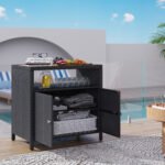 Outdoor Storage Cabinet with Acacia Wood Top, Two Doors, Shelf, Wicker Bar Table for Pool Towel Storage, Black - Image 2