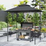 8' x 5' BBQ Grill Gazebo, 2-Tier Outdoor BBQ Gazebo with 2 Side Shelves, Storage Baskets, Ceiling Hook, Dark Gray - Image 2