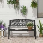 50" 2-Person Garden Bench Loveseat with Cast Iron Decorative Welcome Vines, Outdoor Patio Bench for Backyard, Porch, Entryway - Image 2