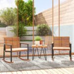 Acacia Wood Outdoor Lawn Rocking Chair Set of 2, Outdoor Patio Rocking Chairs with Armrests, Cushion, Cream White - Image 2