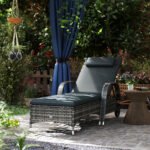 Outdoor Chaise Lounge, 5-Level Adjustable Backrest Rattan Pool Lounge Chair with Wheels, Cushion & Headrest, Black - Image 2