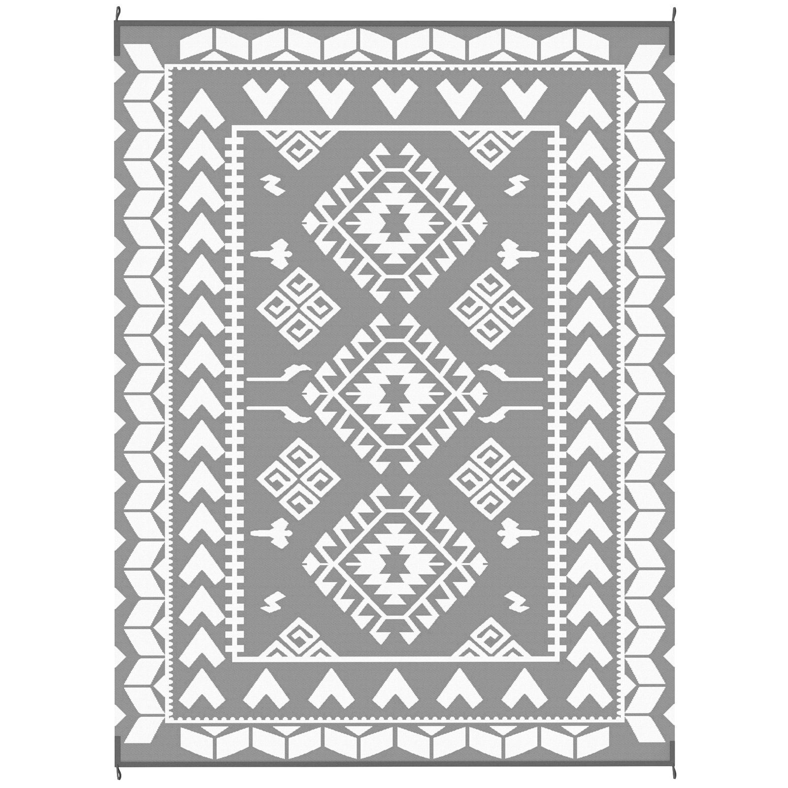quX62a19482dedfea.jpg Reversible Outdoor Rug, Waterproof Plastic Straw with Carry Bag, 9' x 12', Gray & White Rhombus Patchwork - Image 1