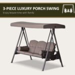 3-Seat Patio Swing Chair, Outdoor Porch Swing Glider with Adjustable Canopy, Removable Cushion, Pillows and Side Trays, for Garden, Poolside, Backyard, Brown - Image 7