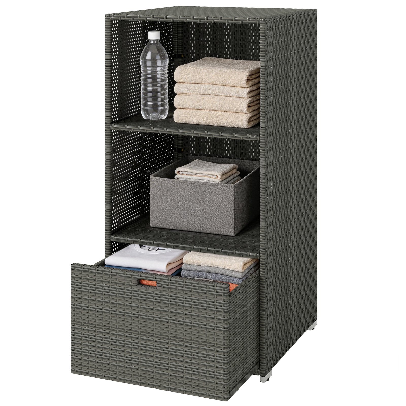 rJi1d819da92decb1.jpg Valet Pool Towel Rack, Water-Resistant PE Plastic Rattan Wicker Storage Organizer, 2 Shelves, 1 Basket Drawer, Dark Gray - Image 1