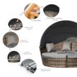 4-Piece Round Convertible Daybed with Cushions, Outdoor PE Rattan Patio Wicker Sofa Set, Sunbed with Adjustable Sun Canopy, Sectional Sofa, 2 Chairs, Table, 3 Pillows, Dark Gray - Image 5