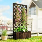 Wooden Raised Garden Bed Planting Planter Box with Trellis and Drain Holes for Climbing Vine Plants, Brown - Image 2