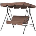 Large Family Swing Set, 3-Seat Adjustable Canopy Swing Bench with Cushion, Steel Frame Stand for Patio, Garden, Family Use, Brown