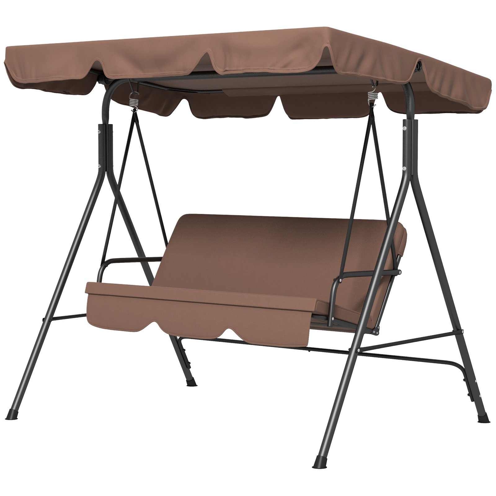 rUr2a2194949c2cd0.jpg Large Family Swing Set, 3-Seat Adjustable Canopy Swing Bench with Cushion, Steel Frame Stand for Patio, Garden, Family Use, Brown - Image 1