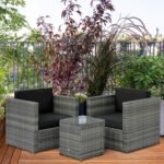 Wicker Bistro Patio Set, 2 Porch Chairs & Glass Table, Black - Image 2