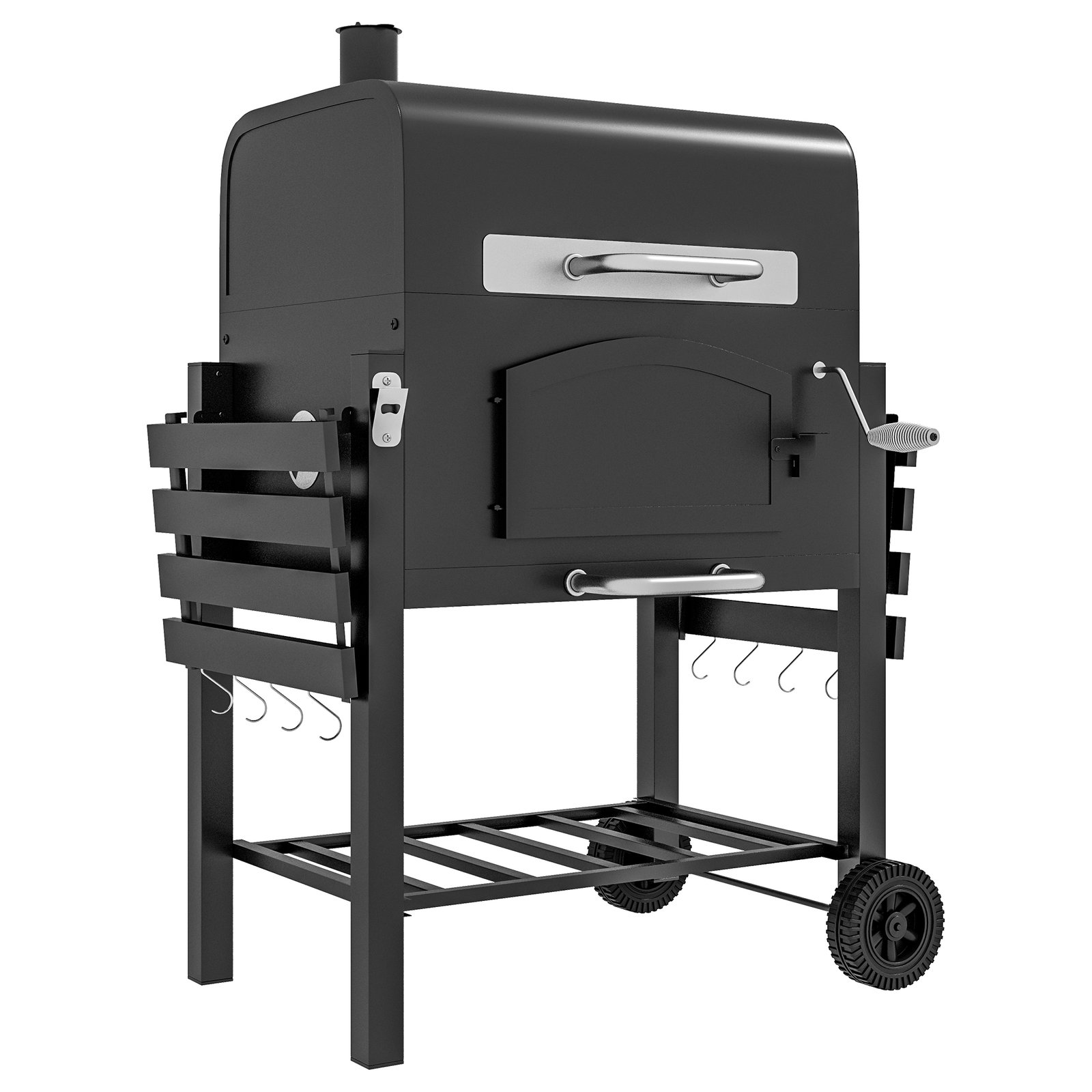 rfN68819d98c0af6e.jpg Charcoal BBQ Grill w/ Adjustable Height, Folding Shelves, Thermometer, and Wheels, Black - Image 1