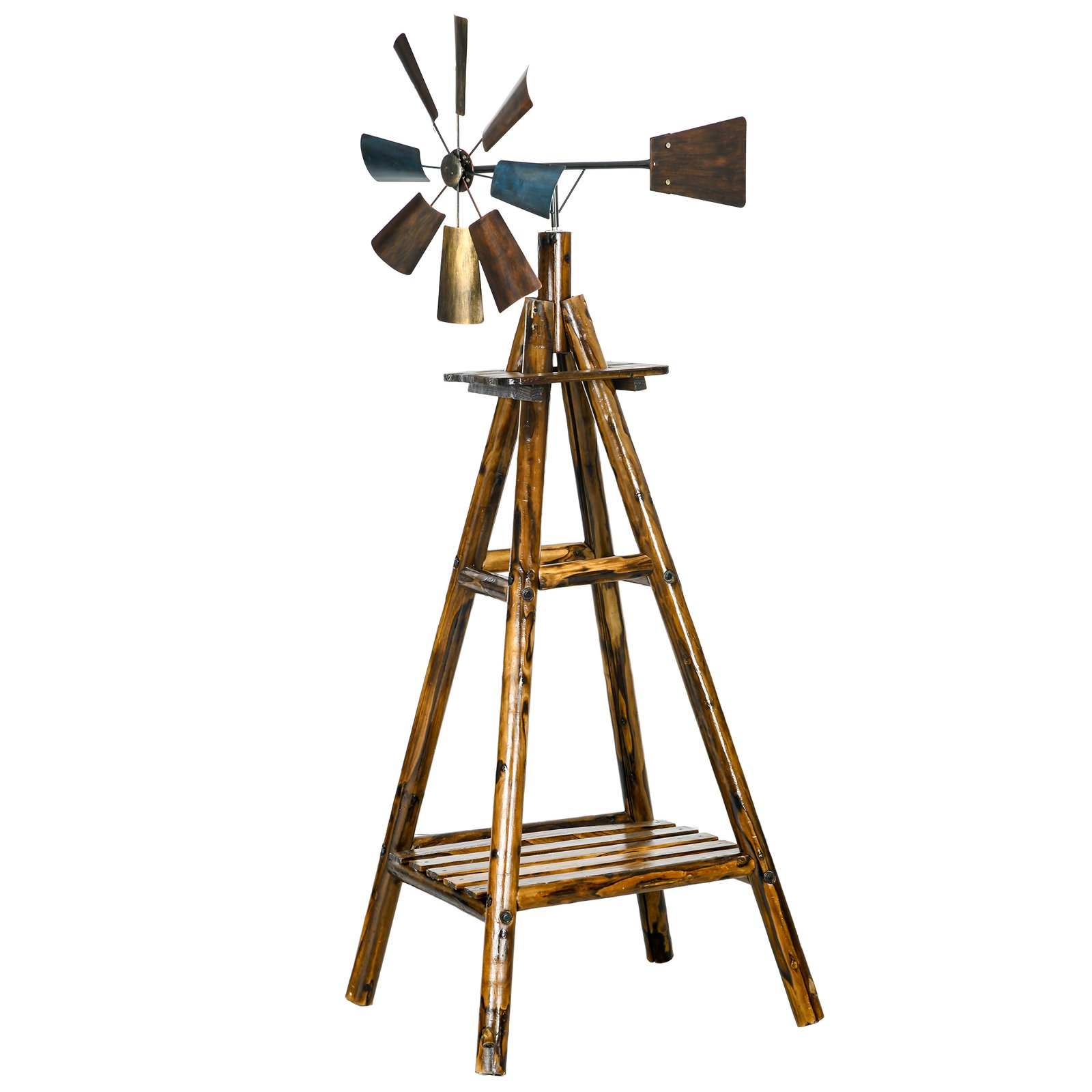 rfa1fa18caf5e5d9a.jpg Windmill Weather Vane, Wind Vane with Bottom Shelf, Steel Windmill Head, Stained Wood - Image 1