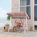 Kids Porch Swing, 2-Seater Patio Swing Bench with Safety Belts, Adjustable Canopy for Backyard, Garden, Pink - Image 2
