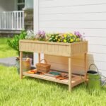 43x18x30in Raised Garden Bed with 8 Pockets and Shelf, Wooden Elevated Planter Box with Legs to Grow Herbs, Vegetables, and Flowers, Natural - Image 2