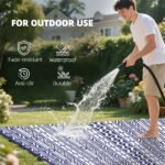Reversible Outdoor Rug, Waterproof Plastic Straw with Carry Bag, 9' x 18', Blue & White Geometric Wall - Image 6