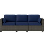Patio Couch PE Wicker Deep Seating Outdoor Sofa with Removable Cushions, 3 Seater Rattan Sofa, Outdoor Furniture for Balcony, Deck, Garden and Poolside, Navy Blue