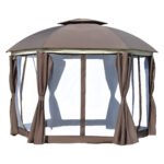 12' x 12' Round Outdoor Gazebo, Patio Dome Gazebo Canopy Shelter with Double Roof, Netting Sidewalls and Curtains, Zippered Doors, Strong Steel Frame