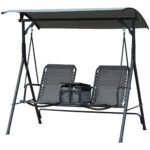 2-Seat Outdoor Porch Swing, with Pivot Storage Table, Cup Holder, & Adjustable Overhead Canopy, Stand's Skid-Resistant Feet Pad, Breathable Mesh Seat, Steel Frame, for Patio, Gray