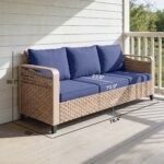Rattan Wicker Sofa 3-Seater Outdoor Patio Sofa with Cushions for Garden Backyard Porch Dark Blue - Image 3