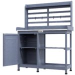 Wooden Potting Bench with Storage, Aluminum Tabletop for Backyard, Patio, Balcony, Gray