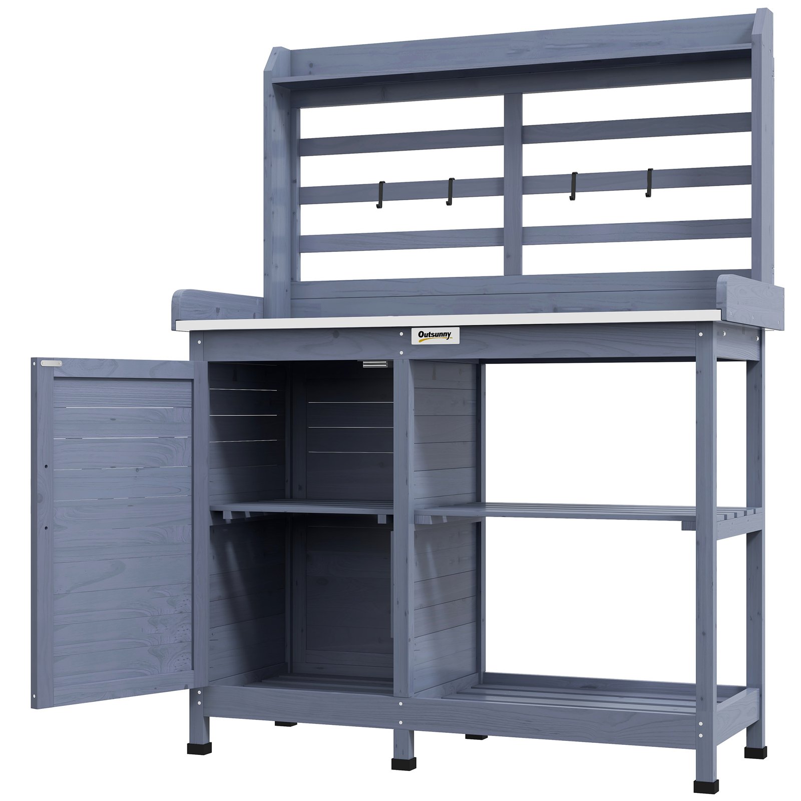 sHj22118ca134d0c8.jpg Wooden Potting Bench with Storage, Aluminum Tabletop for Backyard, Patio, Balcony, Gray - Image 1