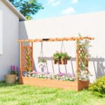 Wooden Planter Box with Trellis, Hanging Roof and Drainage Holes for Climbing Plants, Vegetables, Herbs and Flowers - Image 2