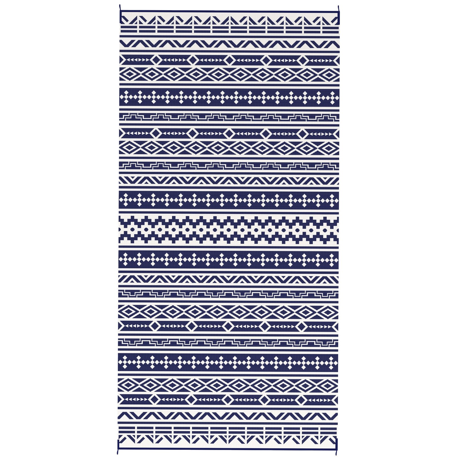 sOB3f5194d8a16bcf.jpg Reversible Outdoor Rug, Waterproof Plastic Straw with Carry Bag, 9' x 18', Blue & White Geometric Wall - Image 1