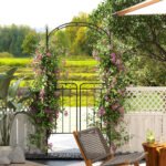84" Garden Arch Arbor with Gate, Metal Arch Trellis, Garden Archway for Climbing Vines, Wedding Ceremony Decoration, Flourishes & Arrow Tips, Black - Image 2
