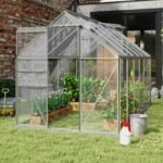 12' x 6' x 6.5' Polycarbonate Greenhouse with Aluminum Frame, Walk-in Heavy Duty Green House with Adjustable Roof Vent, Rain Gutter and Sliding Door for Winter, Silver - Image 2