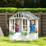 Kids Wooden Playhouse, Outdoor Garden Games Cottage with Flowers Pot Holder, Working Door, Windows, White - Image 2