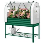 Galvanised Raised Garden Bed with Greenhouse Cover, Metal Elevated Garden Bed with Bed Liner, Bottom Shelf, Green