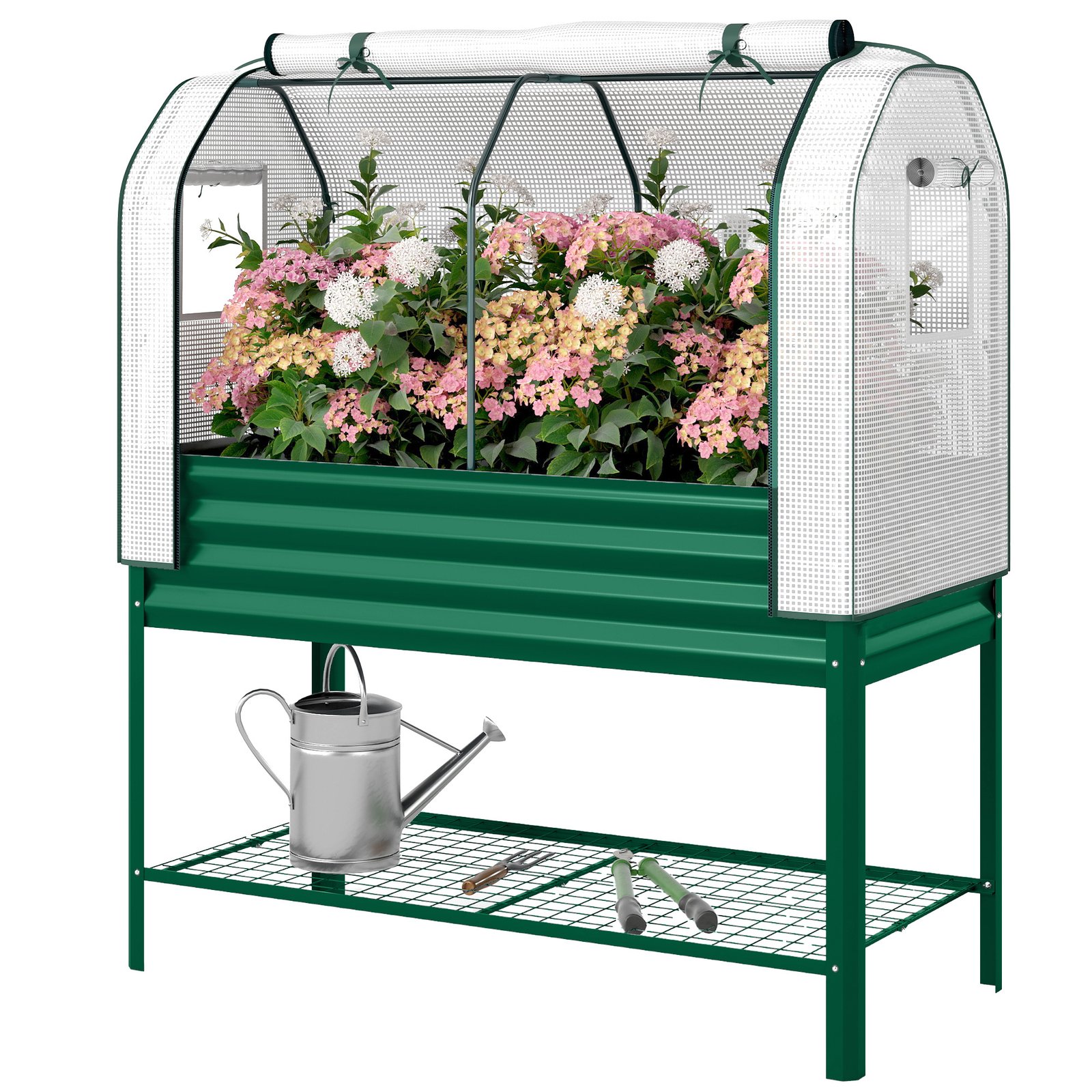 scf08019dbddf4afc.jpg Galvanised Raised Garden Bed with Greenhouse Cover, Metal Elevated Garden Bed with Bed Liner, Bottom Shelf, Green - Image 1