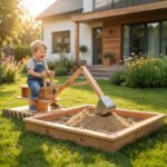 Wooden Sandbox with Digger, Kids Sandbox with 360° Rotating Seat & Bottom Liner, 72" x 35" x 22" - Image 2