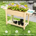 Wood Raised Planter Box, Elevated Garden Bed with Lockable Wheels, Side Tables, Bottom Shelf, Drain Holes, Natural - Image 8