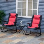 3 Piece Outdoor Patio Furniture Set with Glass Coffee Table & 2 Folding Padded Rocking Chairs, Bistro Style for Porch, Camping, Balcony, Red - Image 2