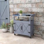 Outdoor Wooden Potting Bench with Storage Cabinet, Aluminum Tabletop, Rubber Wheels for Backyard, Patio, Balcony, Gray - Image 8