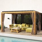 10' x 13' Outdoor Retractable Pergola w/ Sun Shade Louvered Top, Pergola w/ Canopy, Curtains, Netting - Image 8