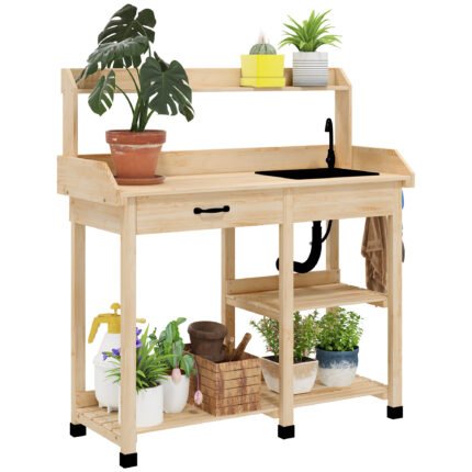 Potting Bench Table, 45" x 18" x 48", Outdoor Garden Table with Removable Sink, Faucet, Drawer, Shelves, Hooks, Natural